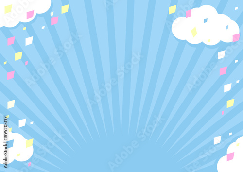 水色の背景フレーム、雲、集中線、紙吹雪のデコレーション