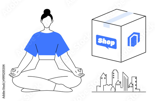 E-commerce, mindfulness, urban lifestyle, digital shopping, online retail, wellness. Woman in yoga pose, a box with a shop logo city buildings outline. E-commerce and mindfulness concept