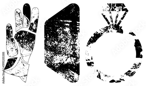Distressed halftone graphic set featuring human palm, mobile device silhouette, and engagement band ideal for edgy branding or vintage UI design.