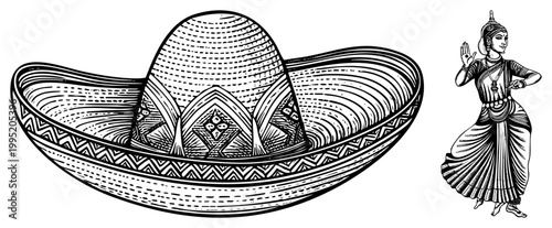 Detailed sombrero hat with geometric embroidery alongside classical Indian dancer in mudra pose, cultural attire, folk costume, traditional headwear, ethnic dance figure.