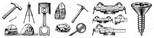 Technical illustration of workshop implements, hand tools, and mechanical rendered in etched art style ideal for industrial design or vintage themed projects.