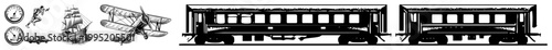 Retro travel symbols collection including biplane, sailing vessel, classic automobile, timepieces, and passenger train ideal for vintage themed design or transport illustration.