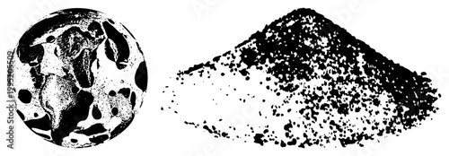 Lunar surface illustration using dot matrix halftone, moon globe with impact craters, celestial body graphic, space, planetary cutout, sci fi texture.