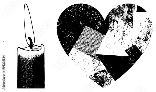 candle illustration with flickering flame, alongside stylized love symbol, romantic, Valentine motif, graphic emblem.