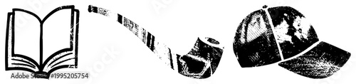 Graphic set featuring vintage style reading material, tobacco pipe, and sports headwear rendered in stipple halftone also known as dot matrix illustration or grainy print style.