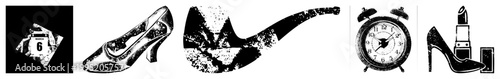 Retro halftone style vector including women’s footwear, smoking pipe, analog alarm clock, and cosmetic lipstick also known as dot matrix illustrations or screen print graphics.