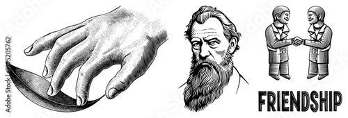 Retro art stippled hand holding leaf, bearded elder, two shaking hands symbolizing camaraderie, unity, or agreement. Vector cutout, transparent bg.