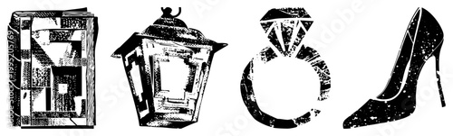 Vintage styled graphic including tome, streetlamp, engagement band, and high heel ideal for retro branding or scrapbook design. Alternate names distressed symbols, worn pictograms.