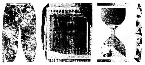 Grunge style graphic including sweatpants, carpet, time measuring device, and combat blade ideal for streetwear design or edgy branding.