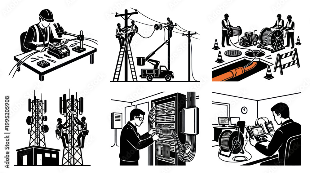 Fototapeta premium Telecom technician working on telecommunications equipment, line art