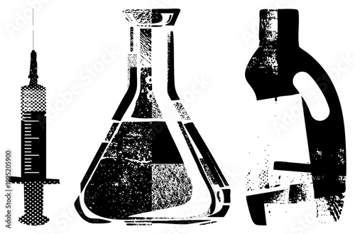 Science lab equipment rendered in distressed syringe, conical flask, microscope ideal for medical or chemistry graphics. Alternate names biohazard tools, labware symbols.
