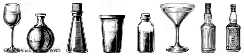 Retro bar utensils including cocktail glassware and spirit bottles, engraved drinkware collection, vintage tavern equipment, halftone illustration for print design.