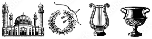 Classic including Islamic architecture, victory wreath with bow, ancient lyre instrument, ceremonial goblet also known as minaret complex, laurel crown,, and vessel.