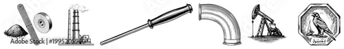 Collection of engraved style technical illustrations including factory, pipe fitting, oil pump, and seal ideal for engineering schematics or industrial branding.