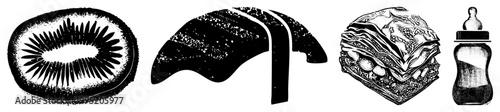 Black and white halftone illustrations depicting sliced kiwifruit, artisanal bread, baklava style dessert, and infant feeding bottle also called stippled graphics or dot matrix.