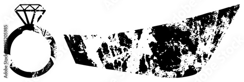 Stylized engagement ring illustration, wedding band graphic, distressed vector glyph, vintage stamp effect, silhouette.