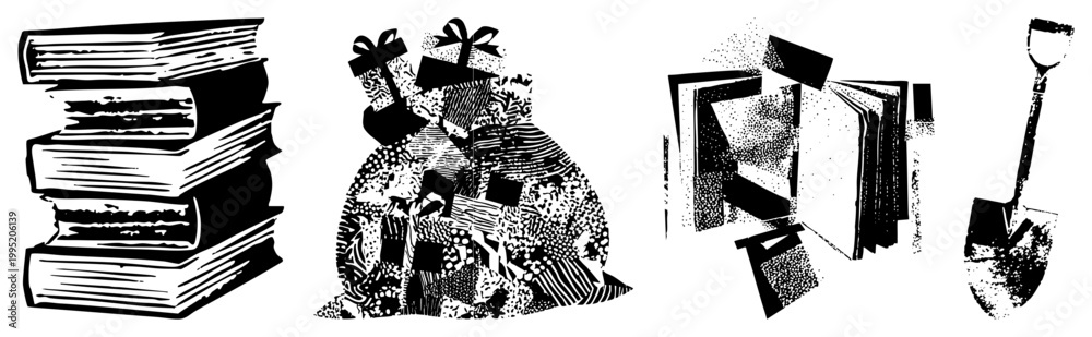 Fototapeta premium Black and white halftone vector of stacked books, gifts, pages, and a tool ideal for education/literary themes. textbook pile, present heap.