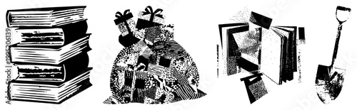 Black and white halftone vector of stacked books, gifts, pages, and a tool ideal for education/literary themes. textbook pile, present heap.