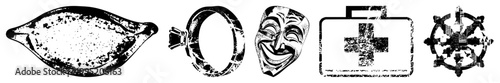Distressed graphic symbols including olive fruit, wedding band, theatrical comedy face, medical case, and Buddhist wheel also known as halftone glyphs or vintage emblems.