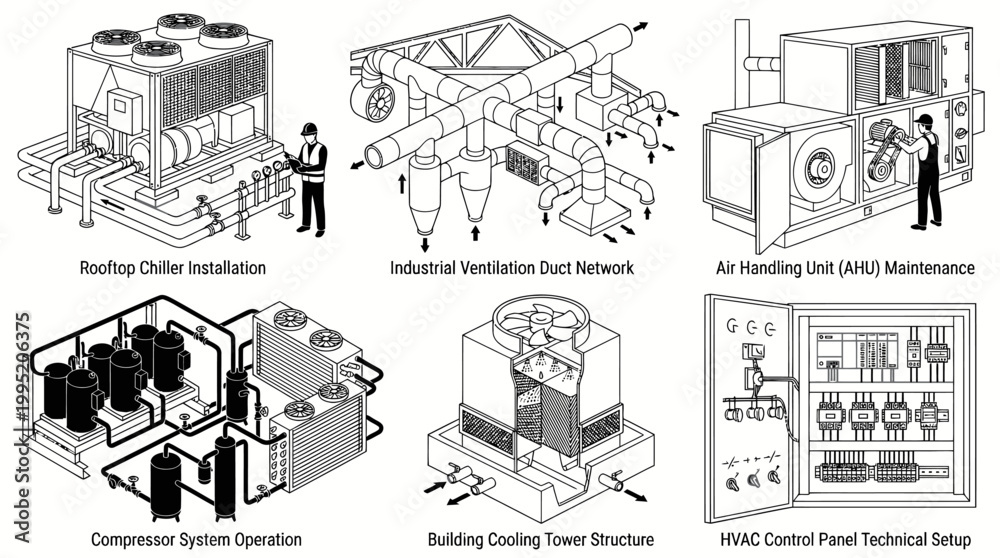 Obraz premium HVAC Systems Engineering Diagrams: Chiller, AHU, Cooling Tower Isometric Line Art