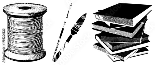 Vintage halftone graphic set thread reel, brush, book pile. Great for retro, print, or educational designs. halftone, printmaking graphics.