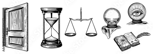 Mystical esoteric featuring engraved door, hourglass, balance scales, crystal ball, all seeing eye, grimoire arcane symbols for divination, metaphysical study, or esoteric art.