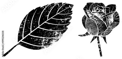 Distressed vector graphics, vintage botanical cutouts, ink stamped rose and leaf illustrations, ideal for tattoo or scrapbook design.