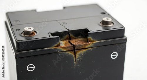 Damaged and cracked lead acid battery with terminal corrosion