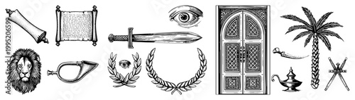 Vintage style symbolic featuring a gladius sword, all seeing eye, lion’s head, ornate door, palm tree, genie lamp also called emblems, esoteric motifs, or antique illustrations.