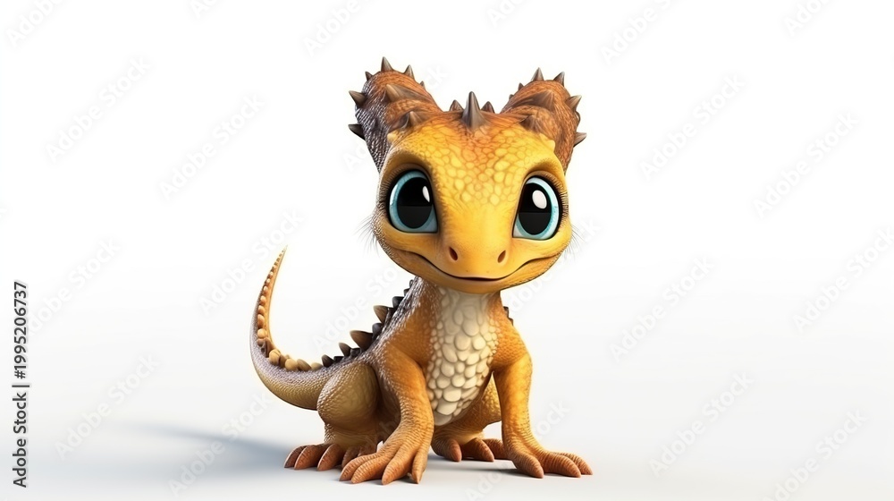 Fototapeta premium Adorable Tiny Dragon Hatchling Standing on White Studio Ground with Big Sparkling Eyes