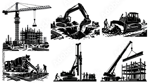 Construction Industry Heavy Machinery and Building Process Icons Set - Black  White Silhouettes