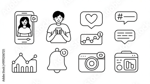 Influencer Marketing Essentials Line Icon Set  Content Creation, Social Media Growth & Engagement Tools