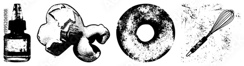 Grunge style halftone illustrations including inkwell, shattered item, torus pastry, kitchen whisk also called stippled graphics or dot matrix visuals, ideal for retro design projects.