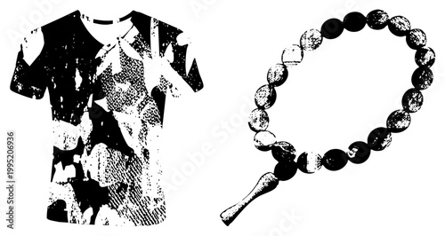 Edgy urban apparel ensemble featuring distressed tee and handcrafted beaded accessory streetwear fashion, alternative style, punk aesthetic, vintage inspired design.