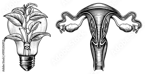 Illustrated plant sprouting from bulb and female reproductive organ, engraved medical diagram, biological metaphor, anatomical art, hatched drawing.
