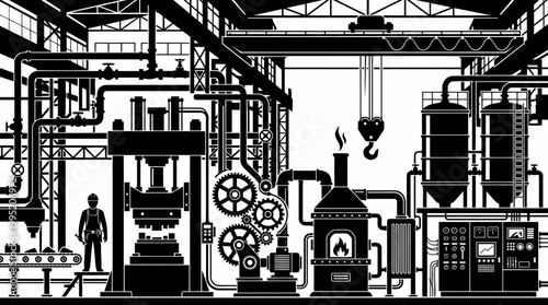 Black and White Industrial Factory Machinery, Equipment, and Worker