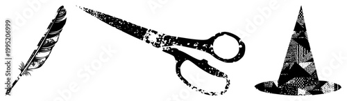 Vintage trio quill, shears, sorcerer’s cap aka calligraphy pen, tailor scissors, magic hat. Perfect for retro or mystical themes.