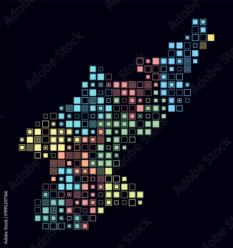 Dem. Rep. Korea, shape of the country build of colored cells. Digital style map of the Dem. Rep. Korea on dark background. Large size square blocks. Plain vector illustration.