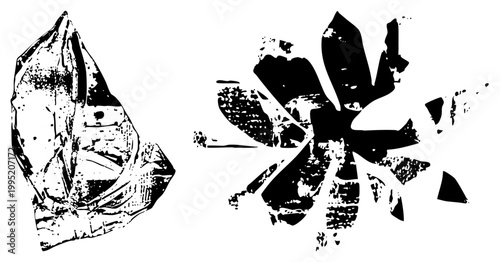 Broken quartz crystal and explosive glass debris, fractured mineral fragment, shattered pane silhouette, vector cutout, halftone texture applied.