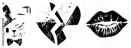 Distressed rabbit head with bowtie, broken heart, smudged lip print ideal for edgy designs, streetwear graphics, or punk themed branding.