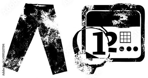 Rugged apparel symbol paired with vintage computing device, worn out trousers graphic, retro calculator emblem, urban streetwear motif, pixel damaged tech illustration.