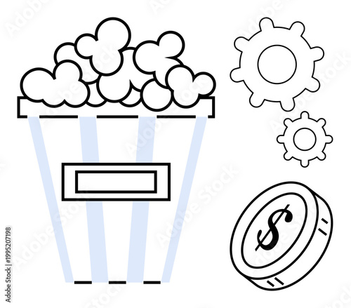 Entertainment, cinema, business, technology, industry, productivity. Popcorn bucket, gears and coin illustration. Cinema and business concepts related to productivity and technology