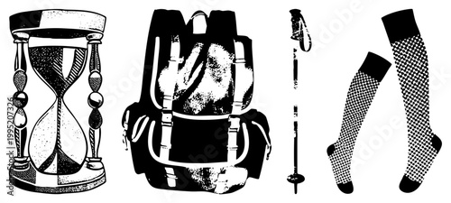 Retro adventure equipment collection featuring sand timer, rucksack, hiking stick, and dot mesh also known as expedition kit or wanderlust gear. Ideal for outdoor enthusiasts.