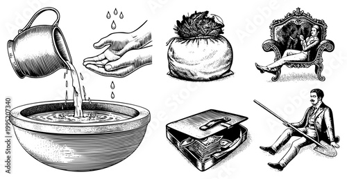 Antique woodcut style graphics depicting hand washing ritual, cash filled briefcase, ornate armchair occupant, and gentleman with shovel also called engraved vignettes or etched.