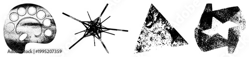 Stippled graphic elements including irregular palette, chaotic, textured triangle, and star cut polygon alternate names dot matrix art, granular design, rasterized vector cutout.