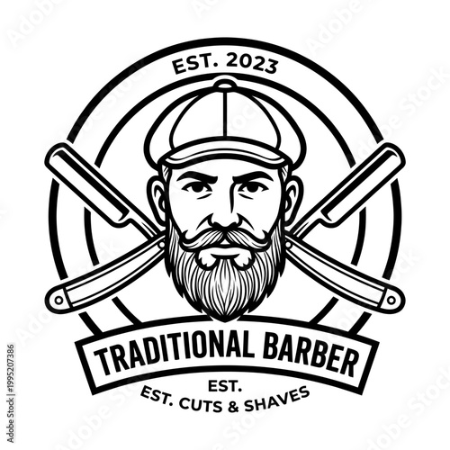 A traditional barber with a beard and cap is shown with razors.