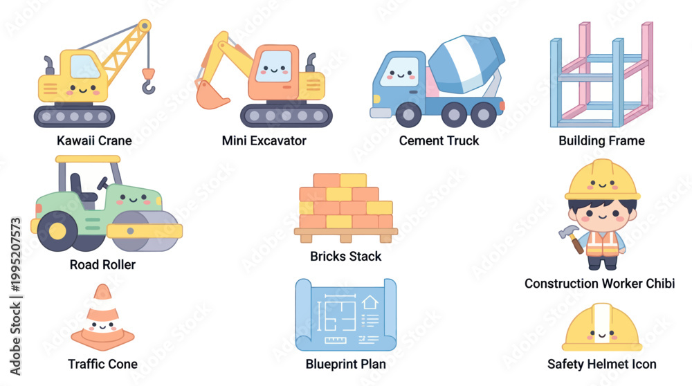 Naklejka premium Kawaii Construction Flat Icon Set - Vehicles, Tools, Materials Worker Chibi