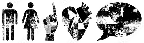 Distressed glyph including male/female figures, raised index finger, anatomical heart, chat bubble also called distressed pictograms or gritty symbol set for design projects.