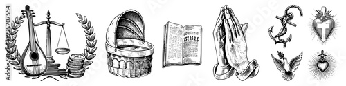Classic engraved spiritual emblems including prayer hands, holy book, anchor of faith, sacred heart, of peace also known as devotional motifs or ecclesiastical.