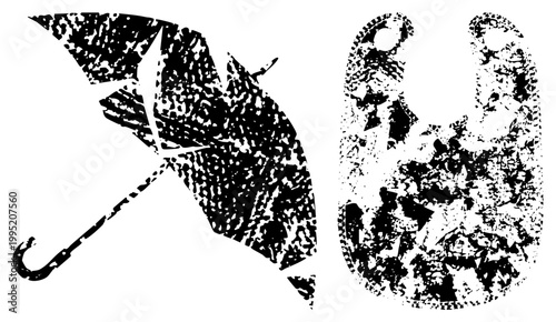 Distressed halftone style umbrella and rain boot silhouettes, weather set, gear graphic, vector cutouts for design use.